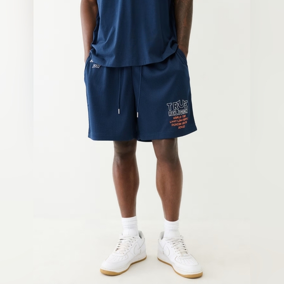 NWT True Religion "Embroidered Jersey Mesh Sweat Shorts" Navy Blue | Men's 3XL - Picture 4 of 13
